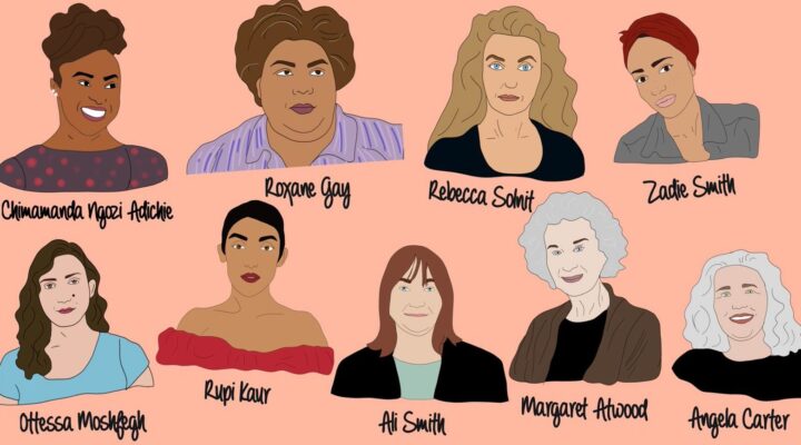 9 Contemporary women writers: Yes Gurl illustration of Chimanda Ngozi Adiche, Roxane Gay, Rebeca Solnit, Zadie Smith, Ottessa Moshfegh, Rupi Zaur, Ali Smith, Margaret Atwood and Angela Carter