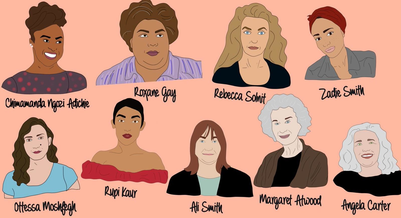 9 Contemporary women writers: Yes Gurl illustration of Chimanda Ngozi Adiche, Roxane Gay, Rebeca Solnit, Zadie Smith, Ottessa Moshfegh, Rupi Zaur, Ali Smith, Margaret Atwood and Angela Carter