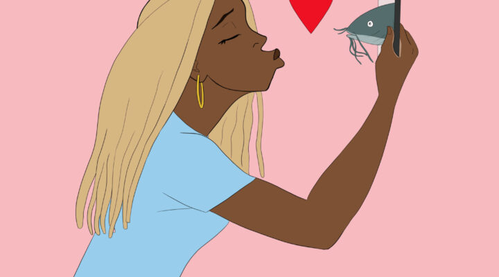 A Yes Gurl illustration of a girl trying to suss out how to spot a catfish online dating