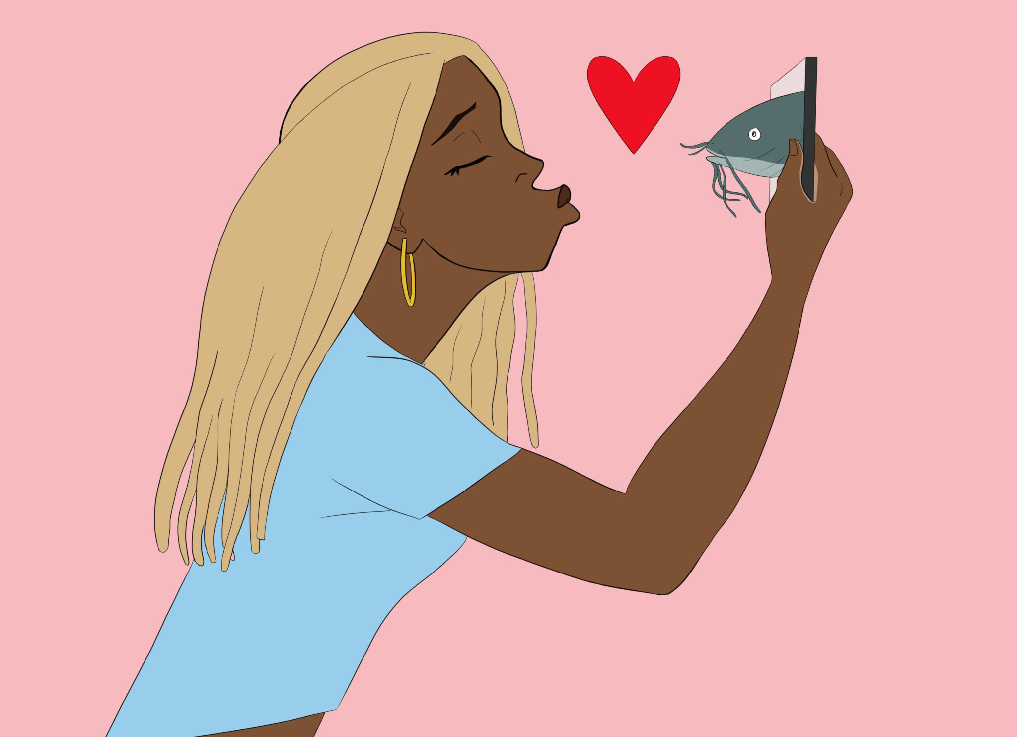 A Yes Gurl illustration of a girl trying to suss out how to spot a catfish online dating