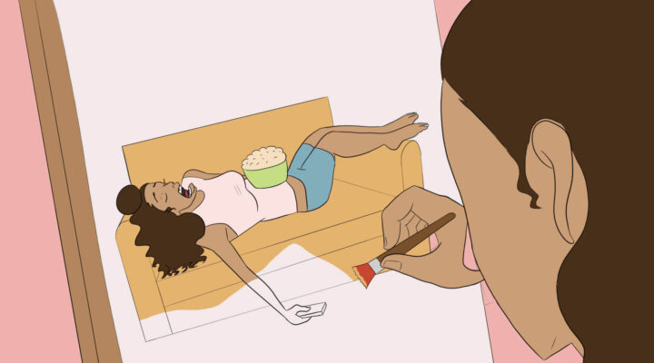 A girl re-creating the art of laziness through painting