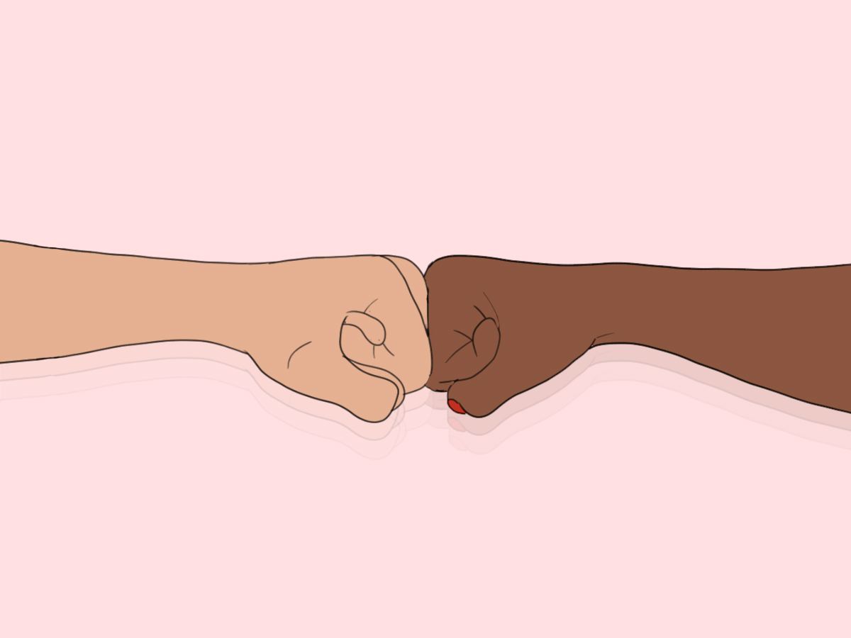 An Asian woman's fist uniting with a Black woman's fist to dismantle the model minority stereotype